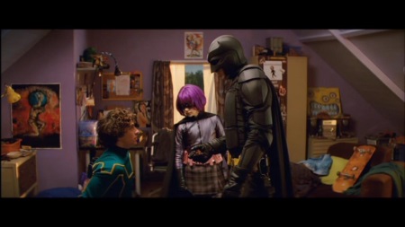 Trio Infernale. V.l.n.r.: Kick-Ass, Hit Girl und Batman...Verzeihung: Big Daddy. | Quelle: Kick-Ass DVD / Universal